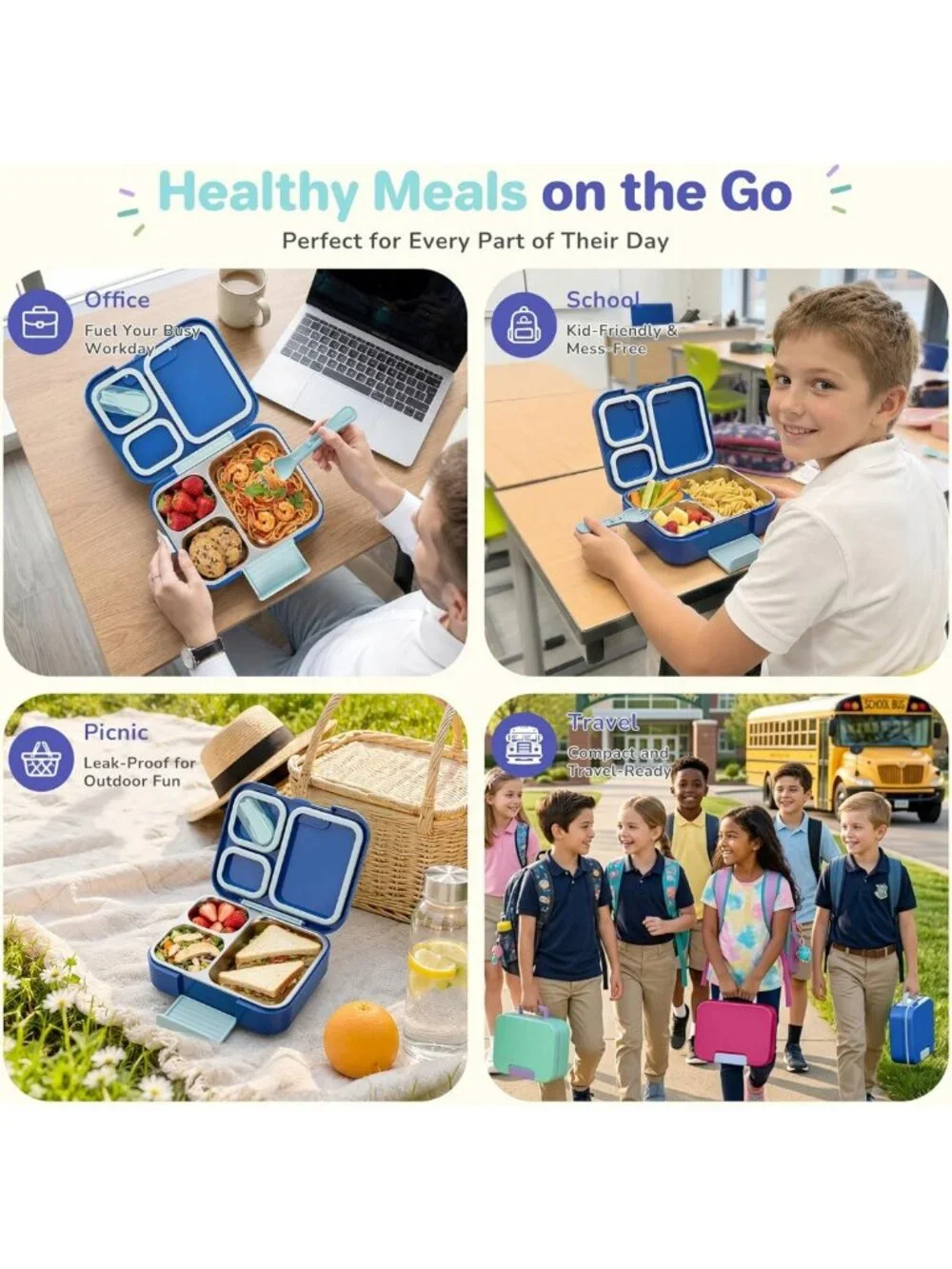 Durable Kids Bento Lunch Box - 3 Compartment Stainless Steel Food Container